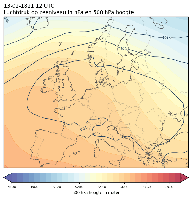 Weerkaart van 13 februari 1821 om 12 UTC
