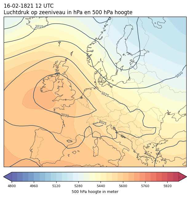 Weerkaart van 16 februari 1821 om 12 UTC