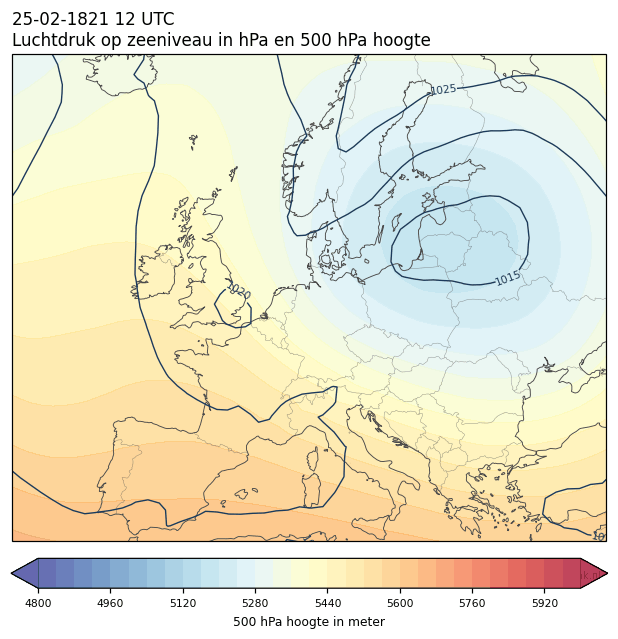 Weerkaart van 25 februari 1821 om 12 UTC