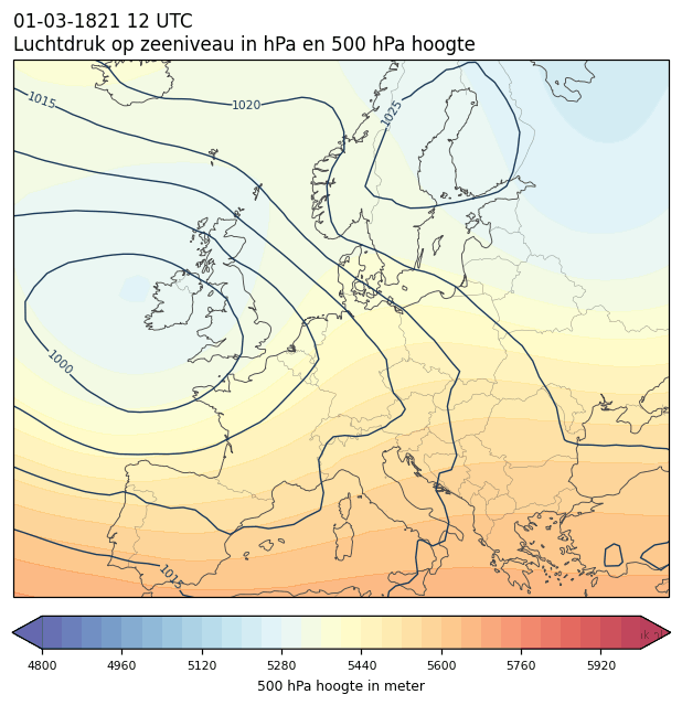 Weerkaart van 1 maart 1821 om 12 UTC