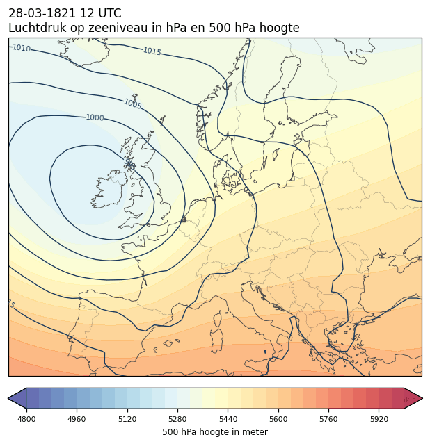 Weerkaart van 28 maart 1821 om 12 UTC