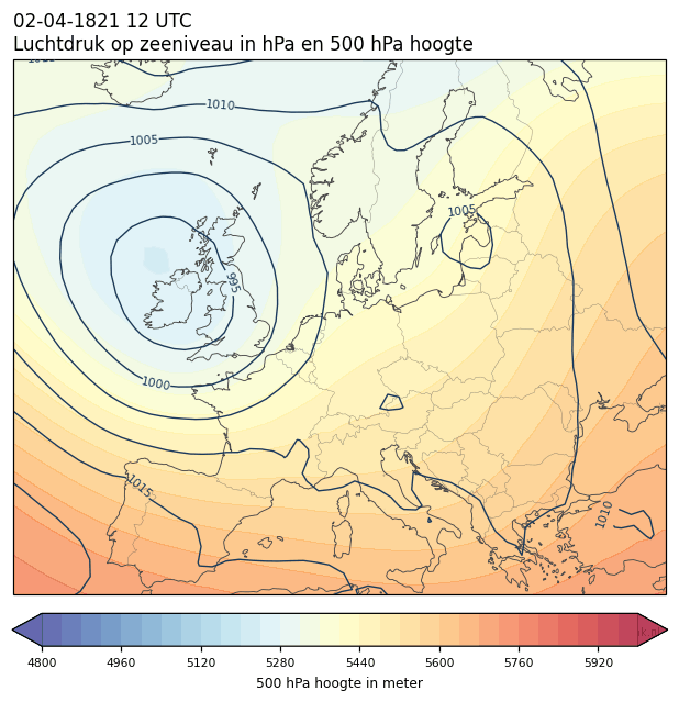Weerkaart van 2 april 1821 om 12 UTC