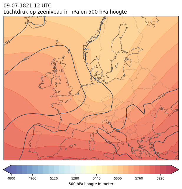 Weerkaart van 9 juli 1821 om 12 UTC
