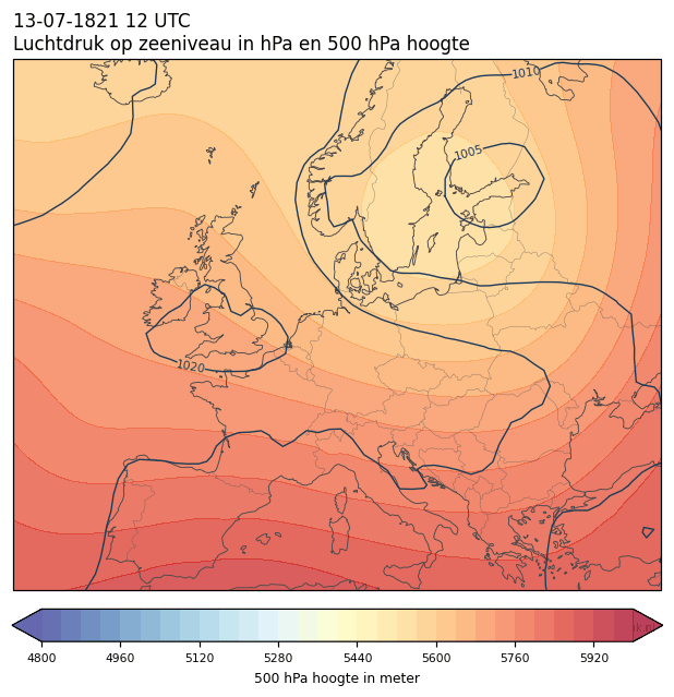 Weerkaart van 13 juli 1821 om 12 UTC
