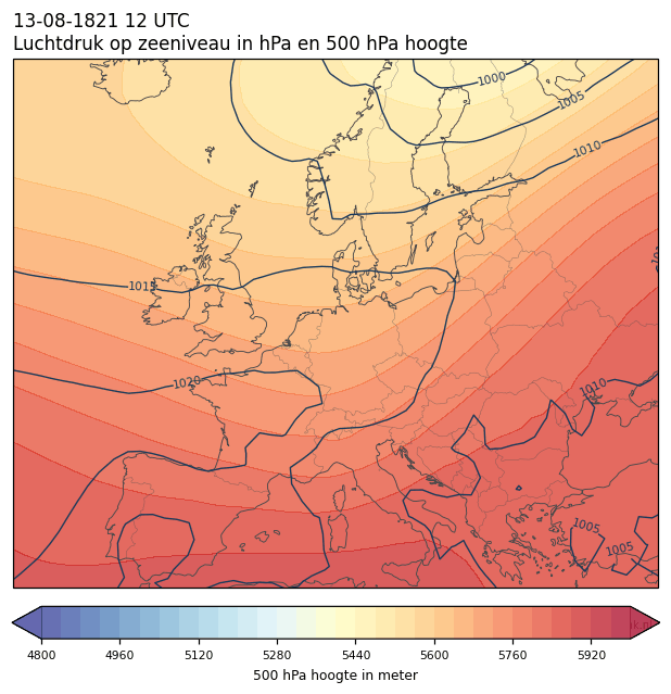 Weerkaart van 13 augustus 1821 om 12 UTC