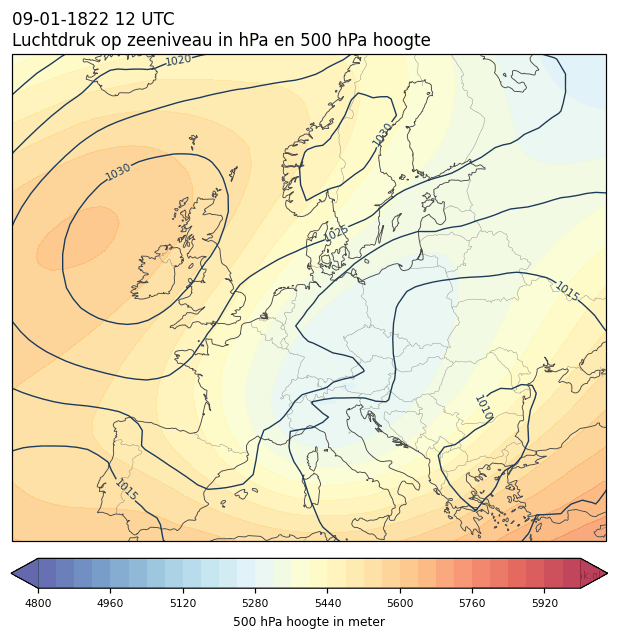 Weerkaart van 9 januari 1822 om 12 UTC