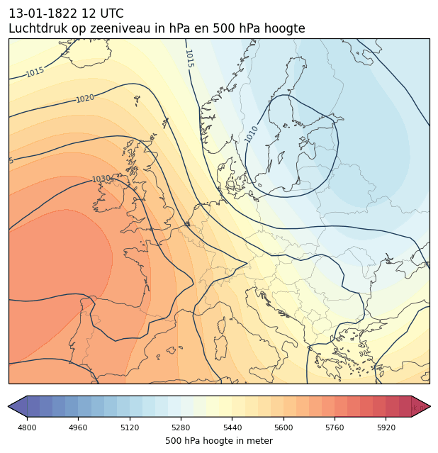 Weerkaart van 13 januari 1822 om 12 UTC