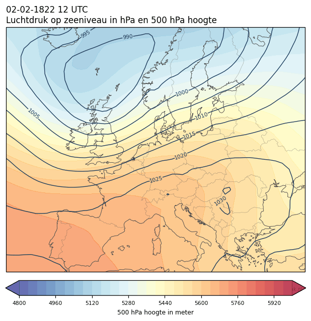 Weerkaart van 2 februari 1822 om 12 UTC