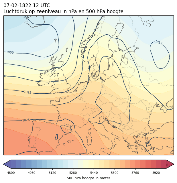 Weerkaart van 7 februari 1822 om 12 UTC
