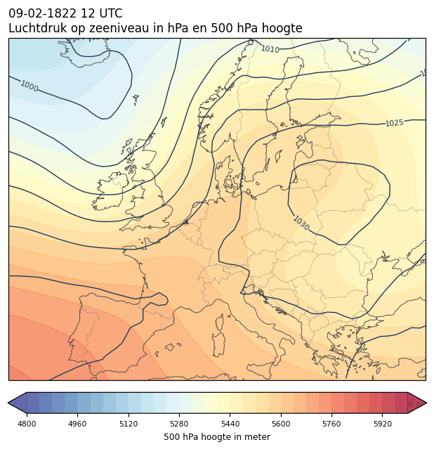 Weerkaart van 9 februari 1822 om 12 UTC