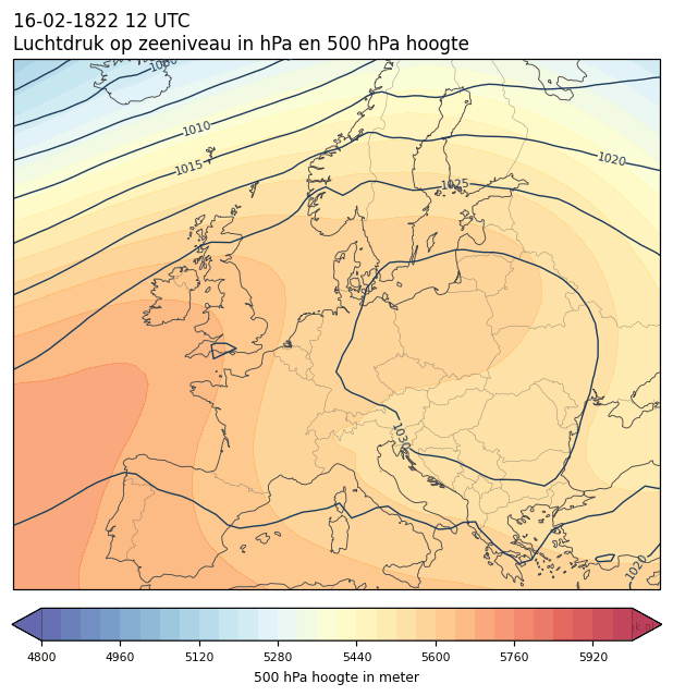 Weerkaart van 16 februari 1822 om 12 UTC