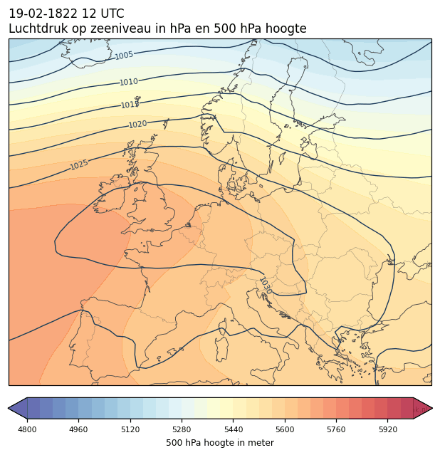 Weerkaart van 19 februari 1822 om 12 UTC
