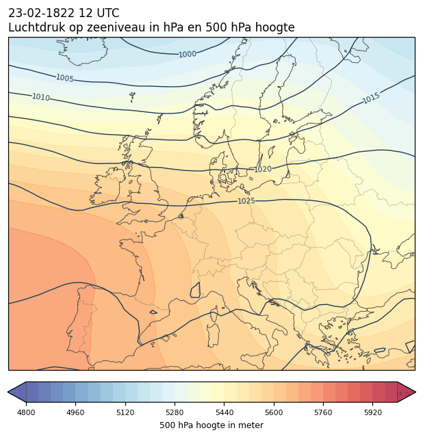 Weerkaart van 23 februari 1822 om 12 UTC