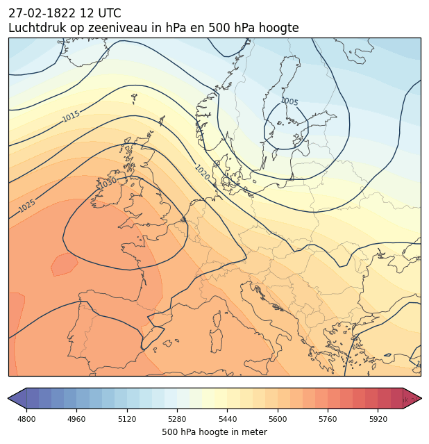 Weerkaart van 27 februari 1822 om 12 UTC