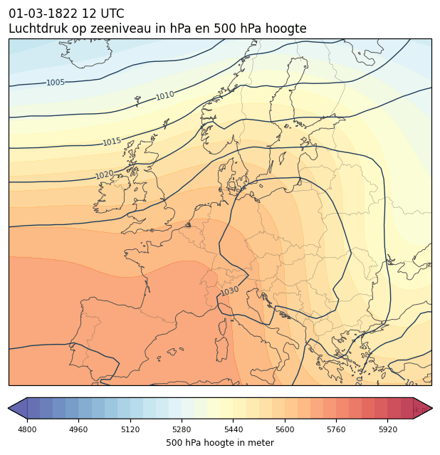Weerkaart van 1 maart 1822 om 12 UTC