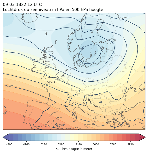 Weerkaart van 9 maart 1822 om 12 UTC