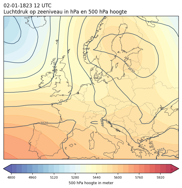 Weerkaart van 2 januari 1823 om 12 UTC