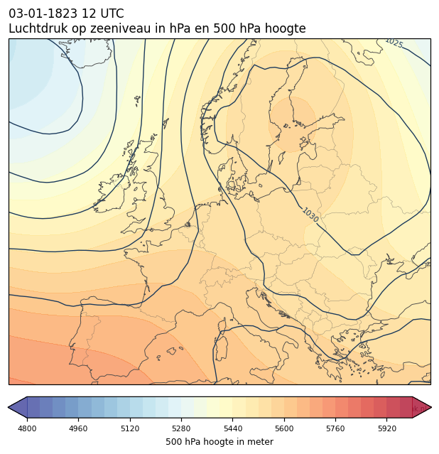 Weerkaart van 3 januari 1823 om 12 UTC