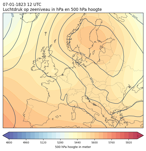 Weerkaart van 7 januari 1823 om 12 UTC