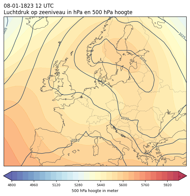Weerkaart van 8 januari 1823 om 12 UTC