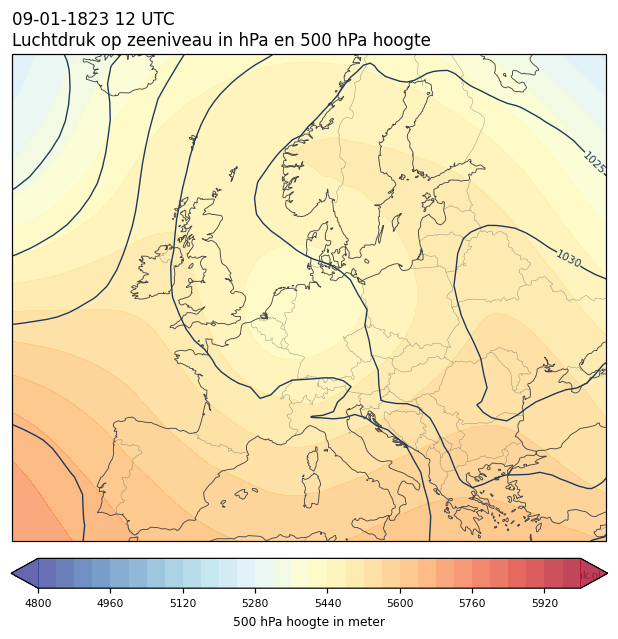 Weerkaart van 9 januari 1823 om 12 UTC