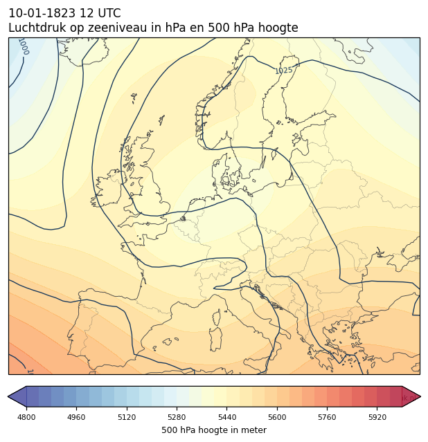 Weerkaart van 10 januari 1823 om 12 UTC