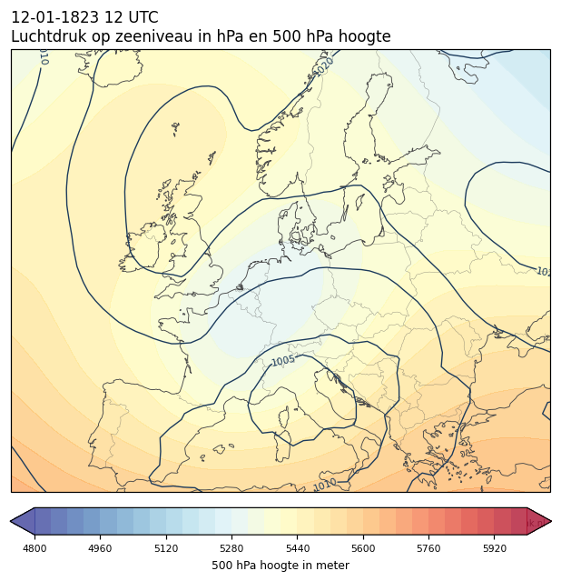 Weerkaart van 12 januari 1823 om 12 UTC