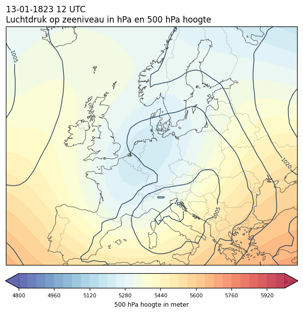 Weerkaart van 13 januari 1823 om 12 UTC