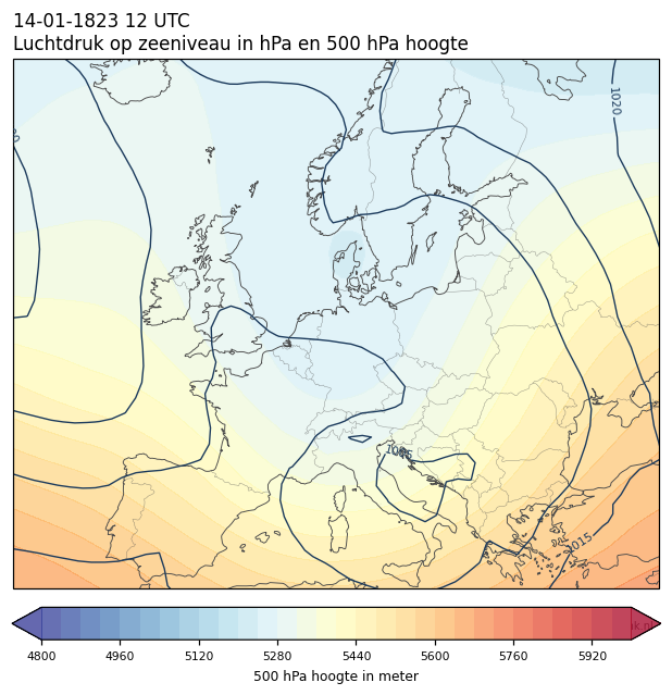 Weerkaart van 14 januari 1823 om 12 UTC