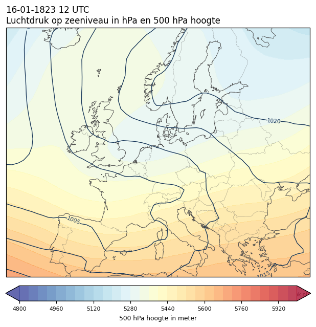 Weerkaart van 16 januari 1823 om 12 UTC