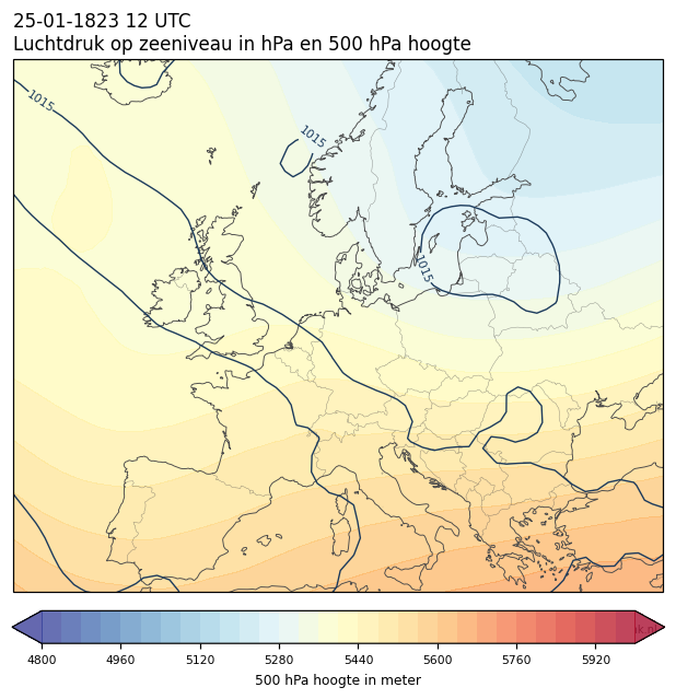 Weerkaart van 25 januari 1823 om 12 UTC
