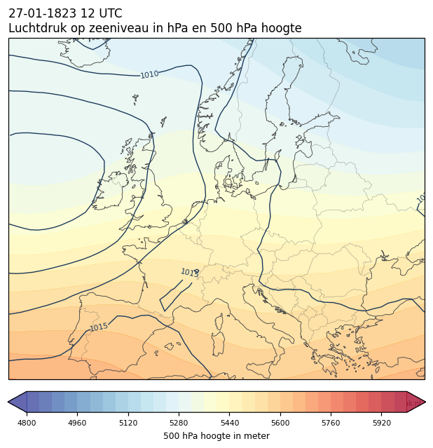 Weerkaart van 27 januari 1823 om 12 UTC