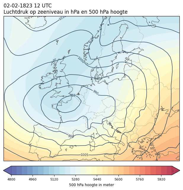 Weerkaart van 2 februari 1823 om 12 UTC
