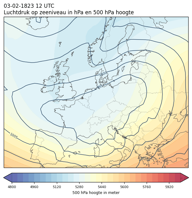 Weerkaart van 3 februari 1823 om 12 UTC
