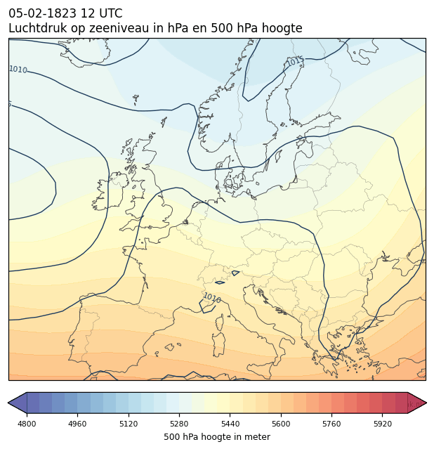 Weerkaart van 5 februari 1823 om 12 UTC