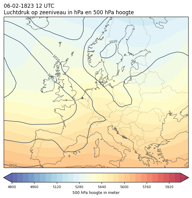 Weerkaart van 6 februari 1823 om 12 UTC
