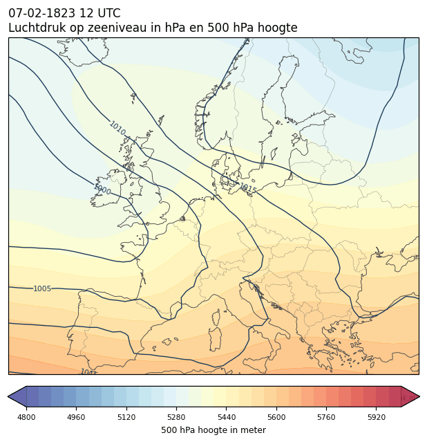 Weerkaart van 7 februari 1823 om 12 UTC