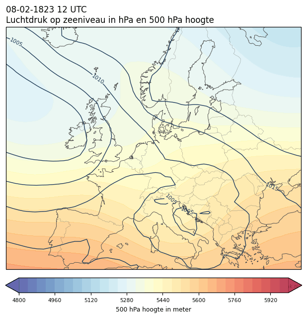 Weerkaart van 8 februari 1823 om 12 UTC
