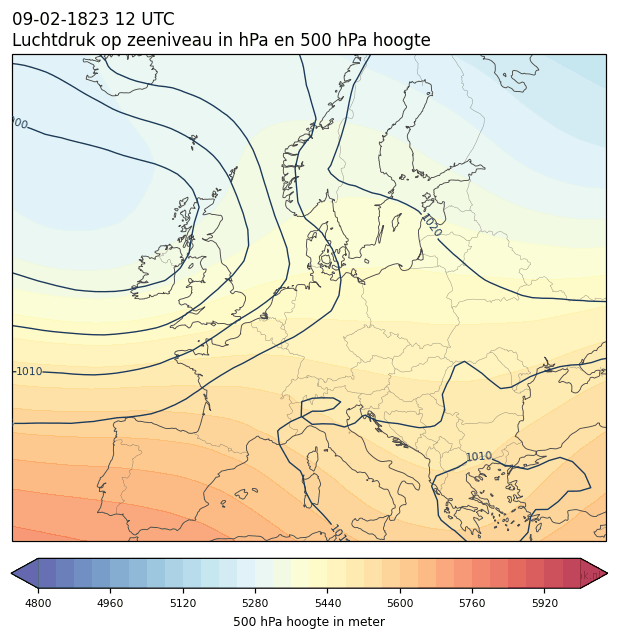 Weerkaart van 9 februari 1823 om 12 UTC