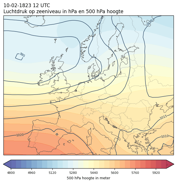 Weerkaart van 10 februari 1823 om 12 UTC