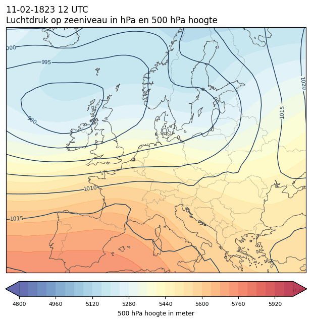Weerkaart van 11 februari 1823 om 12 UTC