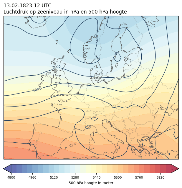 Weerkaart van 13 februari 1823 om 12 UTC