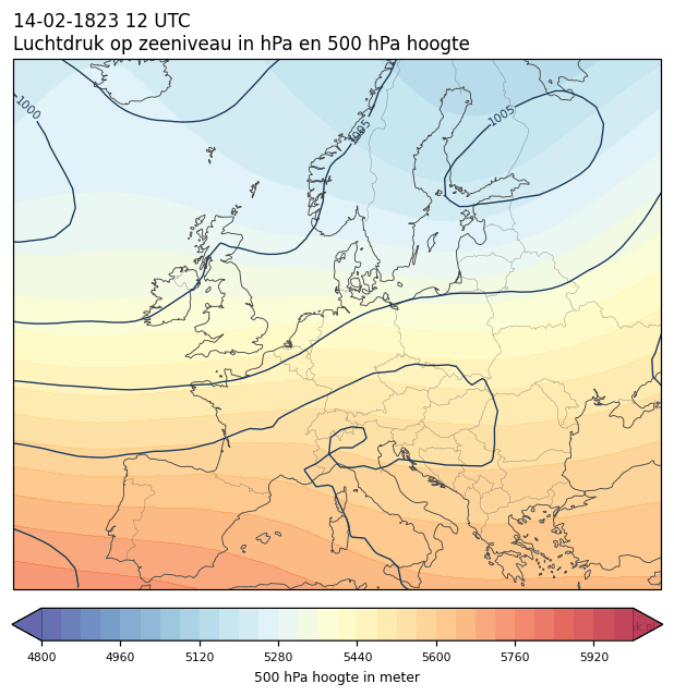 Weerkaart van 14 februari 1823 om 12 UTC