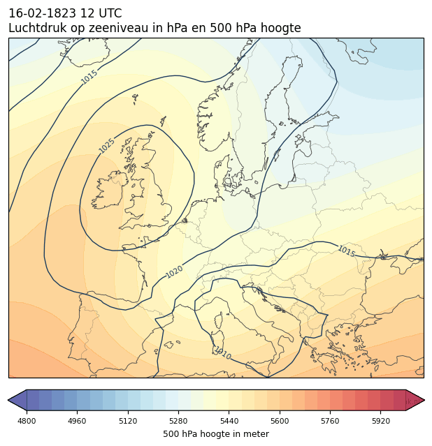 Weerkaart van 16 februari 1823 om 12 UTC