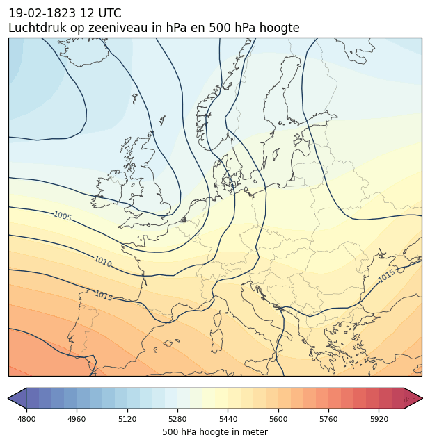 Weerkaart van 19 februari 1823 om 12 UTC