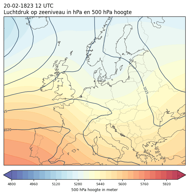 Weerkaart van 20 februari 1823 om 12 UTC