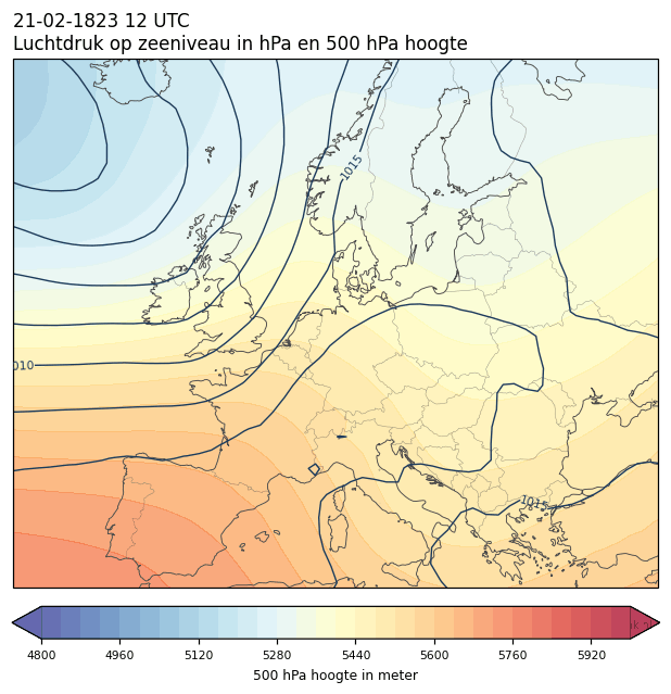 Weerkaart van 21 februari 1823 om 12 UTC