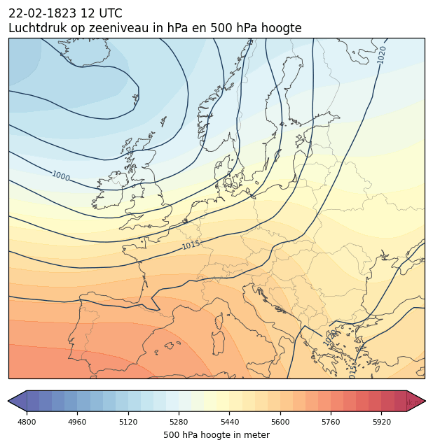 Weerkaart van 22 februari 1823 om 12 UTC