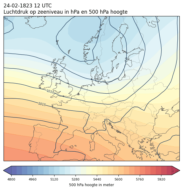 Weerkaart van 24 februari 1823 om 12 UTC
