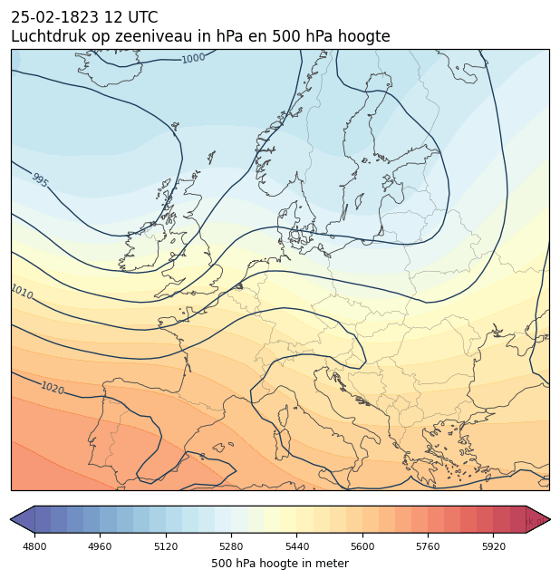 Weerkaart van 25 februari 1823 om 12 UTC